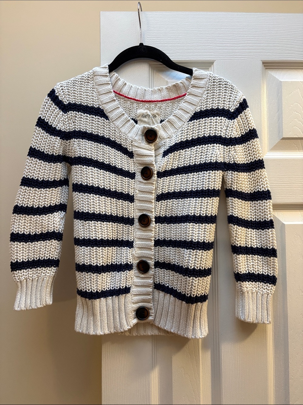 8/$20 aerie sweater Cream & Navy Striped Button-Up Cardigan S / P EuC